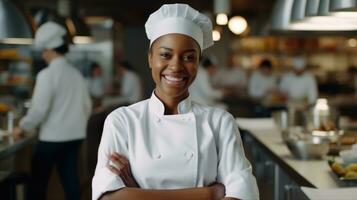 ai gerado africano americano Preto mulher Como chefe de cozinha em pé dentro cozinha com sorriso, ai foto