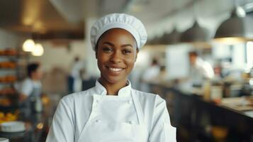 ai gerado africano americano Preto mulher Como chefe de cozinha em pé dentro cozinha com sorriso, ai foto