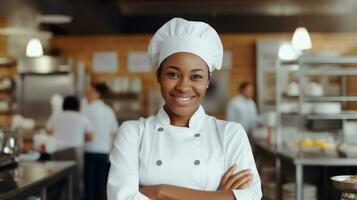 ai gerado africano americano Preto mulher Como chefe de cozinha em pé dentro cozinha com sorriso, ai foto