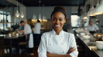 ai gerado africano americano Preto mulher Como chefe de cozinha em pé dentro cozinha com sorriso, ai foto