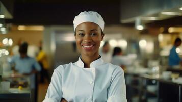 ai gerado africano americano Preto mulher Como chefe de cozinha em pé dentro cozinha com sorriso, ai foto