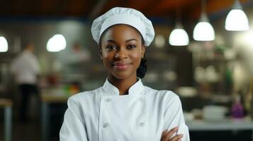 ai gerado africano americano Preto mulher Como chefe de cozinha em pé dentro cozinha com sorriso, ai foto