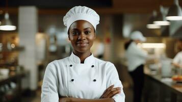 ai gerado africano americano Preto mulher Como chefe de cozinha em pé dentro cozinha com sorriso, ai foto