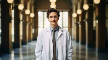 ai gerado masculino médico vestindo bata de laboratório em pé e sorridente foto