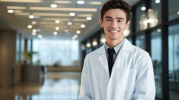 ai gerado masculino médico vestindo bata de laboratório em pé e sorridente foto