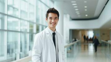 ai gerado masculino médico vestindo bata de laboratório em pé e sorridente foto