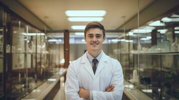 ai gerado masculino médico vestindo bata de laboratório em pé e sorridente foto