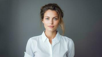 ai gerado foto retrato do lindo empresária vestindo branco camisa isolado cinzento fundo .ai gerado