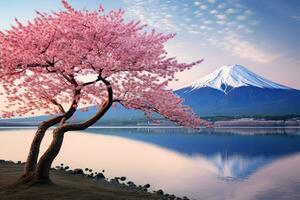 ai gerado cereja flores e mt Fuji às kawaguchiko lago dentro Japão, ai gerado foto