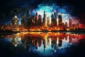 ai gerado Chicago Horizonte às noite com reflexão dentro água. digital ilustração pintura, ai gerado foto