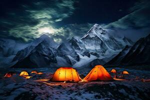 ai gerado acampamento dentro himalaia montanhas às noite, Nepal, Ásia, ai gerado foto