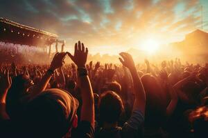 ai gerado multidão torcendo às uma música festival com mãos elevado acima. música festival conceito, multidão levantando mãos dentro a ar e desfrutando uma show às uma festival, ai gerado foto