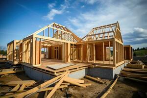 ai gerado construção do uma Novo casa. construção do uma Novo casa com uma de madeira teto, construção do uma Novo casa com uma de madeira quadro, ai gerado foto