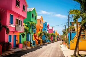 ai gerado colorida casas dentro playa del Carmem, Yucatán, México, colorida casas em a tropical ilha do barbados, ai gerado foto