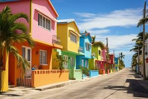 ai gerado colorida casas em uma ensolarado dia dentro chave oeste, florida, colorida casas em a tropical ilha do barbados, ai gerado foto