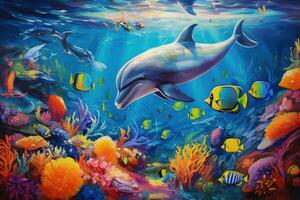ai gerado embaixo da agua mundo com golfinhos e tropical peixe. 3d ilustração, golfinho com uma grupo do colorida peixe e mar animais com vibrante coral embaixo da agua dentro a oceano, ai gerado foto