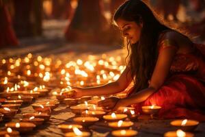 ai gerado indiano mulher iluminação diya dentro Katmandu, Nepal, Diwali, hindu festival do luzes celebração, ai gerado foto