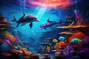 ai gerado embaixo da agua cena com golfinhos e coral recife - 3d ilustração, golfinho com uma grupo do colorida peixe e mar animais com vibrante coral embaixo da agua dentro a oceano, ai gerado foto