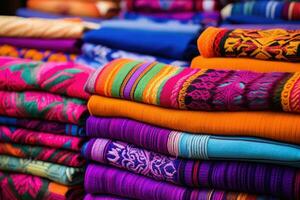 ai gerado colorida tecidos para venda às uma mercado dentro Peru, sul América, colorida bordado decorativo têxtil a partir de Otavalo cidade às a artesão mercado, ai gerado foto