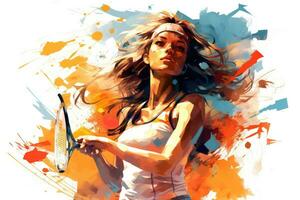ai gerado digital pintura do uma tênis jogador dentro açao em uma tênis tribunal, criativo ilustração do uma jovem Atlético fêmea tênis jogador jogando com dela tênis raquete, ai gerado foto