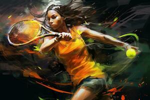 ai gerado digital pintura do uma tênis jogador dentro açao em uma tênis tribunal, criativo ilustração do uma jovem Atlético fêmea tênis jogador jogando com dela tênis raquete, ai gerado foto