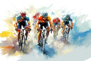 ai gerado ciclistas dentro a deserto do Egito. 3d ilustração, cor desenhando do uma ciclistas equipe equitação em bicicletas para uma bicicleta raça bandeira, ai gerado foto