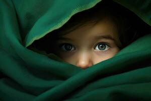ai gerado fechar-se retrato do uma pequeno menina se escondendo debaixo uma verde cobertor, fofa pequeno bebê menina se escondendo debaixo uma verde cobertor dentro cama, ai gerado foto