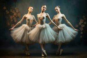 ai gerado três gracioso bailarinas dentro branco tutu posando em Sombrio fundo, uma trio do gracioso balé dançarinos dentro meio pose, ai gerado foto