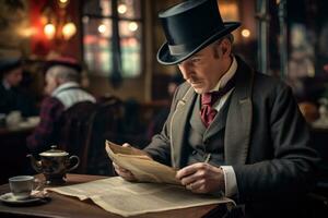 ai gerado elegante cavalheiro lendo uma jornal dentro uma bar ou restaurante, uma arrojado cavalheiro nos anos 800 vestuário leitura, ai gerado foto