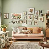 ai gerado uma inspiração vintage vivo quarto com uma floral sofá, uma estampado tapete, foto