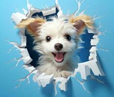 ai gerado uma sorridente cachorro espreitar Fora a partir de a orifício dentro uma azul parede, foto