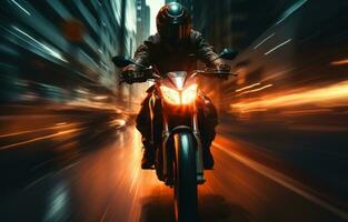 ai gerado movimento borrão fundo do a motocicleta dirigindo através a esvaziar cidade, foto