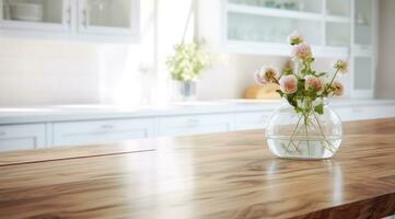 ai gerado isolado de madeira cozinha mesa dentro abstrato branco interior com Claro vidro, foto
