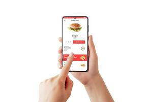 mulher mãos com inteligente telefone isolado, encomenda uma hamburguer através da aplicativo ou local na rede Internet conceito. desatado conectados experiência para velozes Comida desejos entregue às seu ponta dos dedos foto