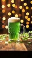 ai gerado uma festivo st. patrick's dia imagem com uma verde Cerveja caneca e uma trevo em uma de madeira mesa foto