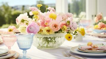 ai gerado uma mesa decorado com fresco flores e de cor pastel talheres convida convidados para uma animado Primavera reunião. foto