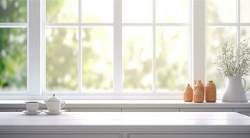 ai gerado cheio Visão do branco cozinha mesa e janelas branco cozinha foto