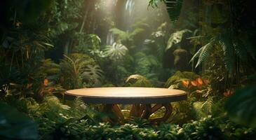 ai gerado uma mesa sentado Próximo para folhagem dentro uma tropical floresta, foto