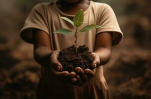 ai gerado uma criança é segurando uma pequeno verde plantar crescendo dentro sujeira cercado de verde floresta, foto