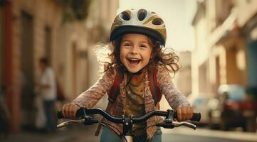 ai gerado uma fofa menina vestindo uma capacete em dela bicicleta equitação baixa a rua, foto