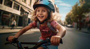 ai gerado uma fofa menina vestindo uma capacete em dela bicicleta equitação baixa a rua, foto