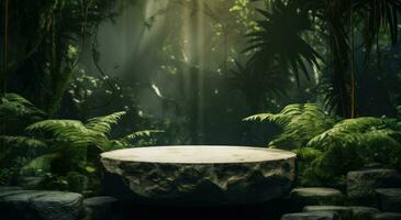 ai gerado uma enorme pedra sentado em uma mesa dentro uma selva, foto