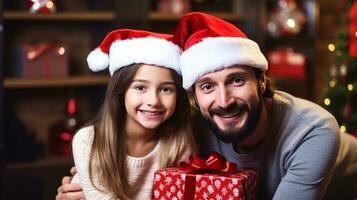 ai gerado feliz família dentro santa chapéus com presentes e decorações foto