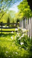 ai gerado a idílico Primavera jardim cena com uma de madeira cerca e verde grama, foto