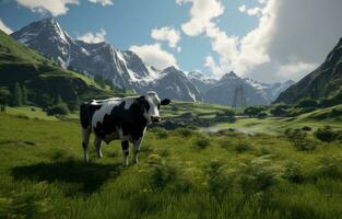 ai gerado Preto e branco vaca dentro verde campo com montanhas, foto