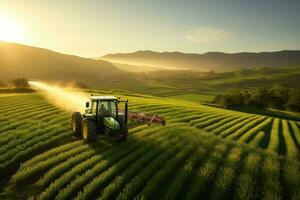 ai gerado uma trator pulverização a agrícola campo às pôr do sol, foto