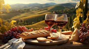 ai gerado piquenique mesa às a campo com vinho e pão, foto