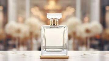 ai gerado perfume garrafa com em branco frente, realista em uma brincar modelo dentro uma mesa dentro uma luxo loja foto