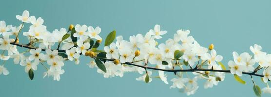 ai gerado pequeno branco flores com verde folhas em uma pálido azul parede, foto