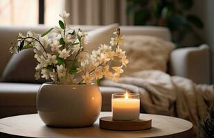 ai gerado flores e velas dentro uma Panela em uma mesa dentro vivo sala, foto